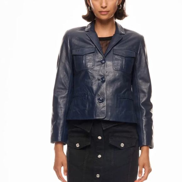 Zadig & Voltaire Blue Real Leather Jacket MEDIUM Cropped Lambskin Designer $800 - Picture 4 of 14